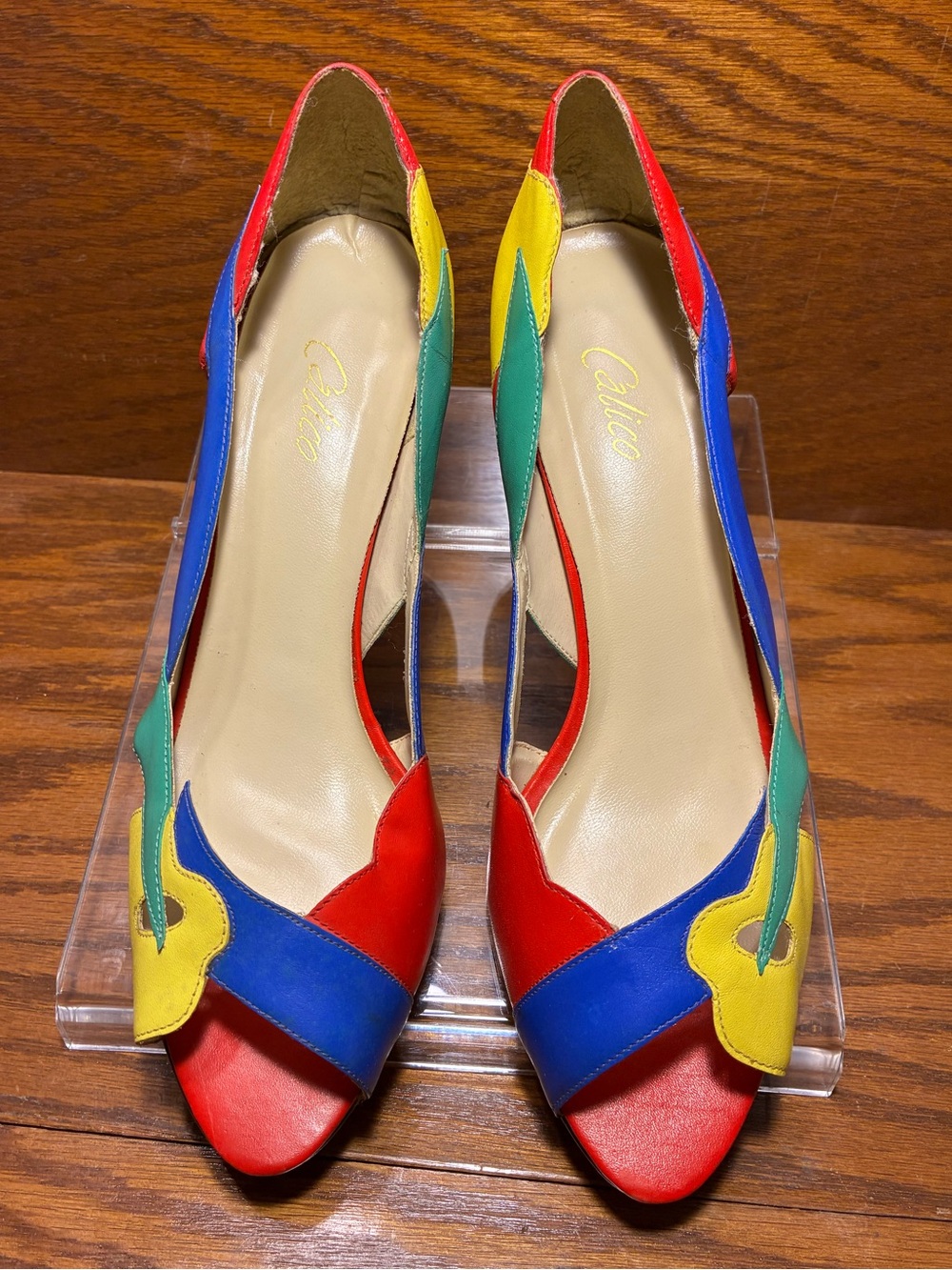 Vintage 80s 90s Calico Colorblock Leather Peep Toe Heels Size 10 - Picture 2 of 16